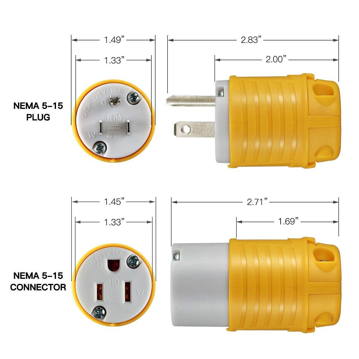 Male & Female Extension Cord End Plugs 15Amp 125V Electrical Connectors 3 Wires