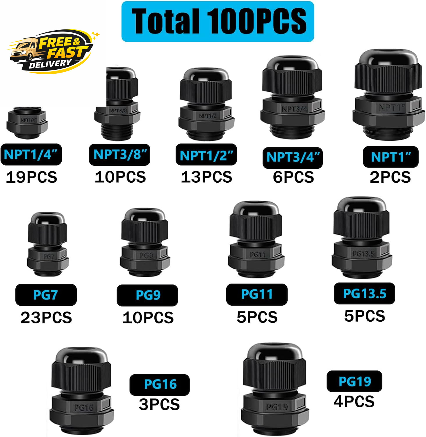 100PCS IP68 Waterproof Cable Gland Kit,Nylon Cable Glands Assortment Adjustable