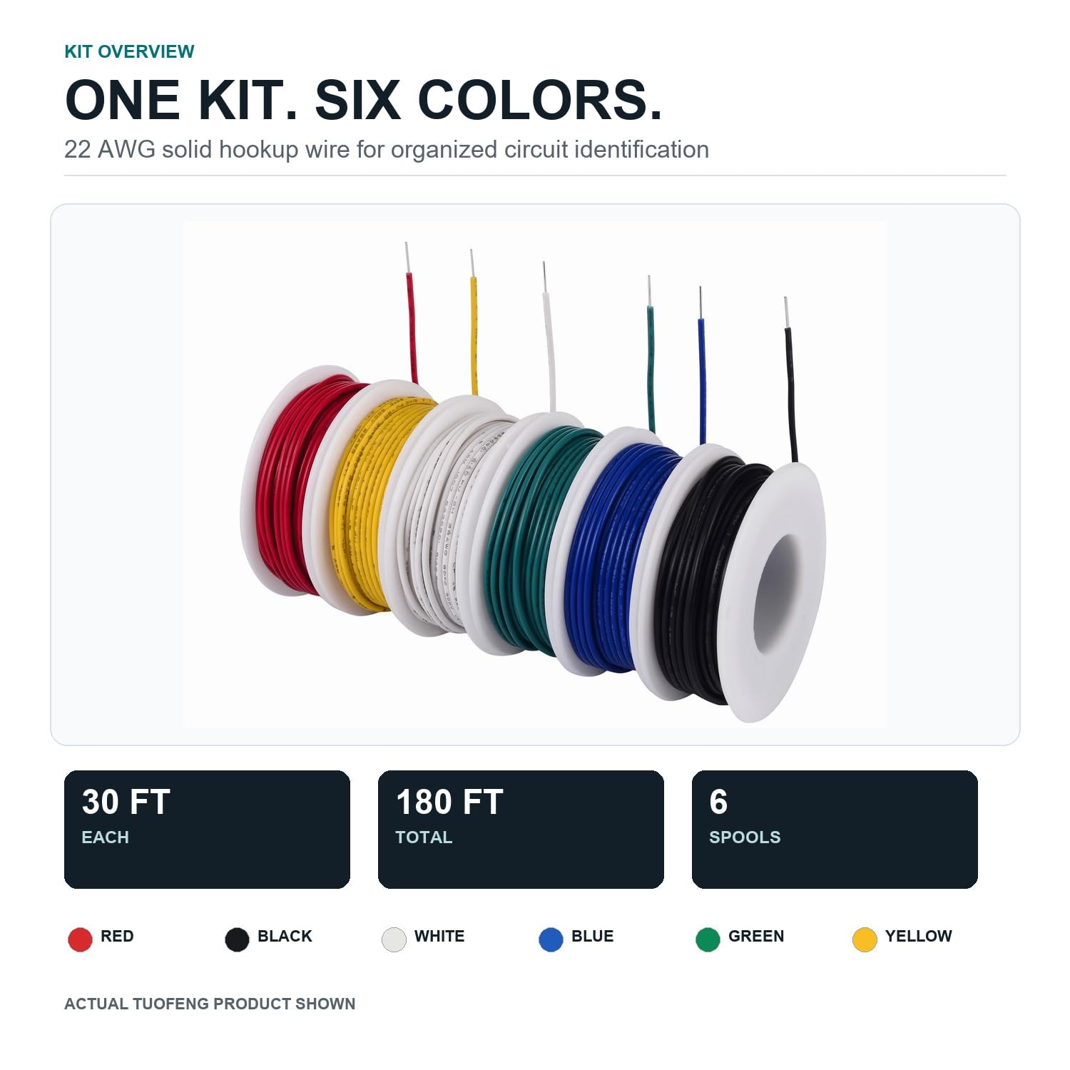 22 AWG Solid Hook Up Wire 6 Colors 30FT Each Tinned Copper PVC Electronics Kit..