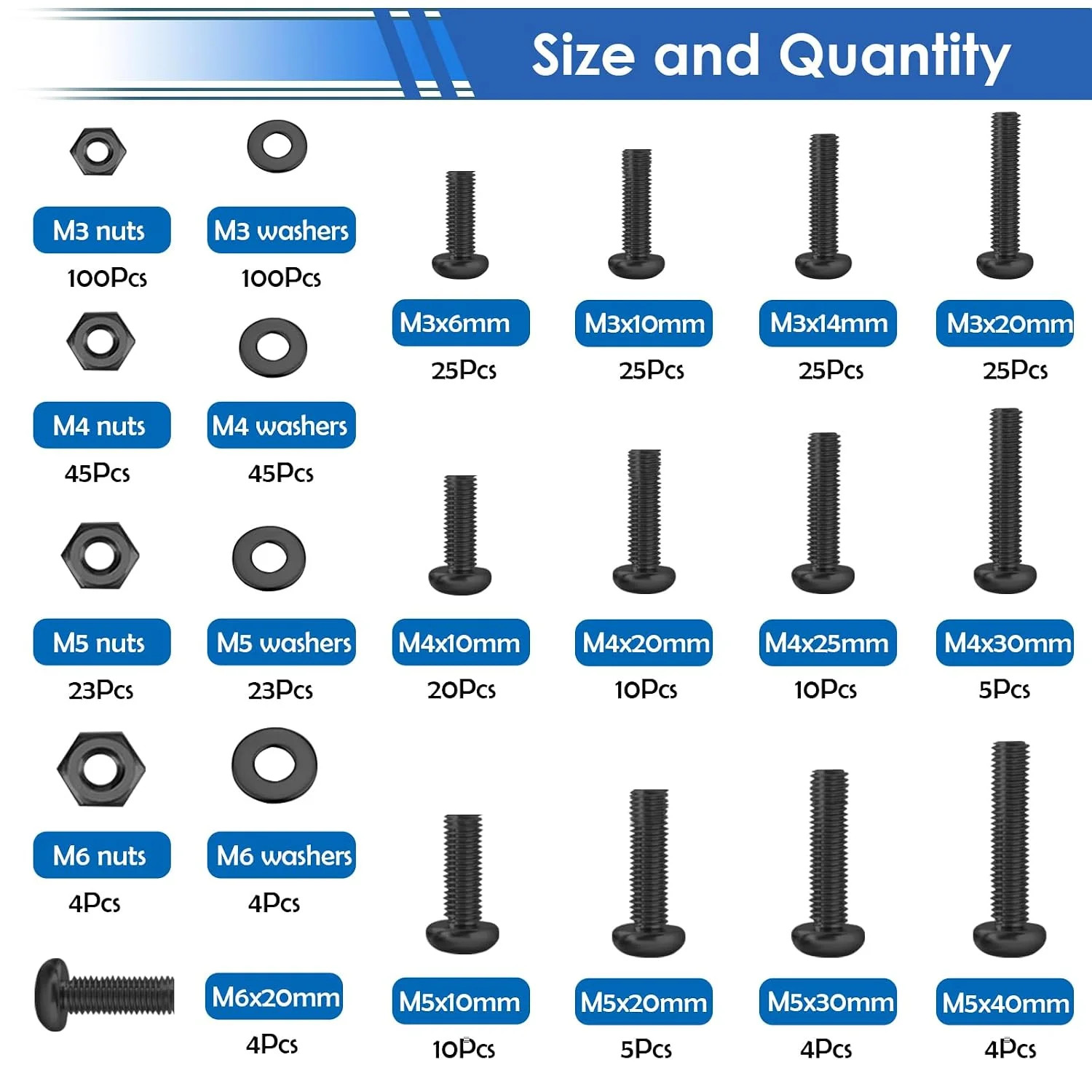 smseace 516Pcs Black Nuts and Bolts Assortment Kit 21-Sizes M3 M4 M5 M6 Washer