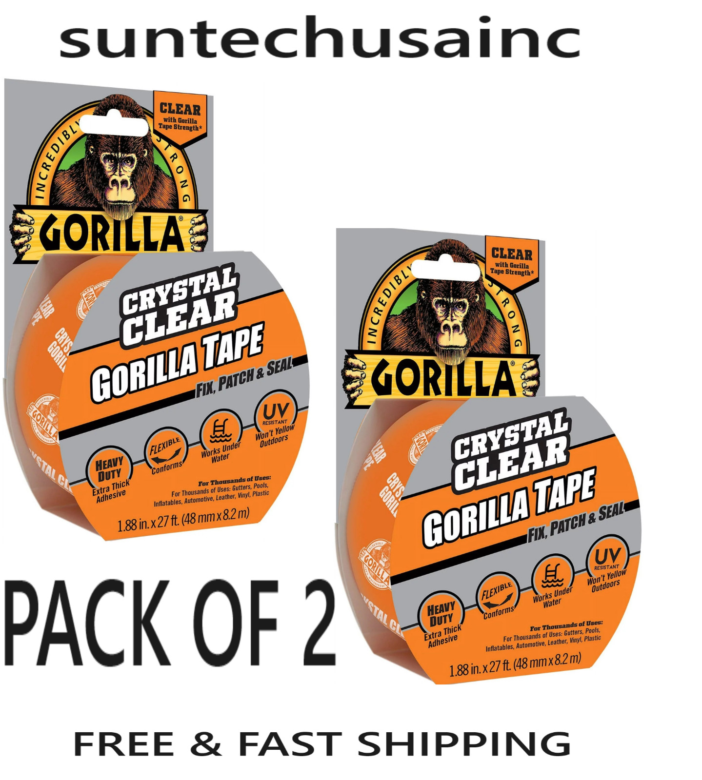 2 PACK- Crystal Clear Gorilla Tape 1.88 in X 27 ft Heavy Duty Flexible Outdoor