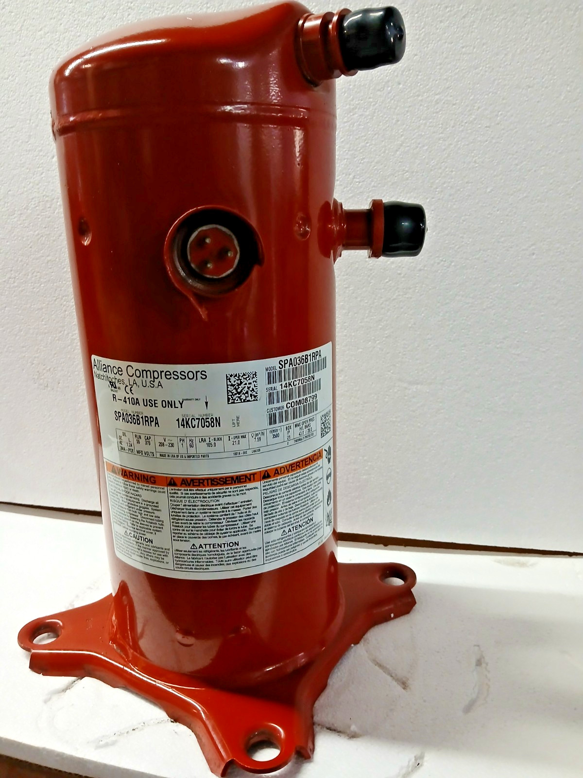 NEW ALLIANCE SCROLL COMPRESSOR SPA036B1RPA-3 TON-208-230V-1 PH-R410-AC/HP DUTY