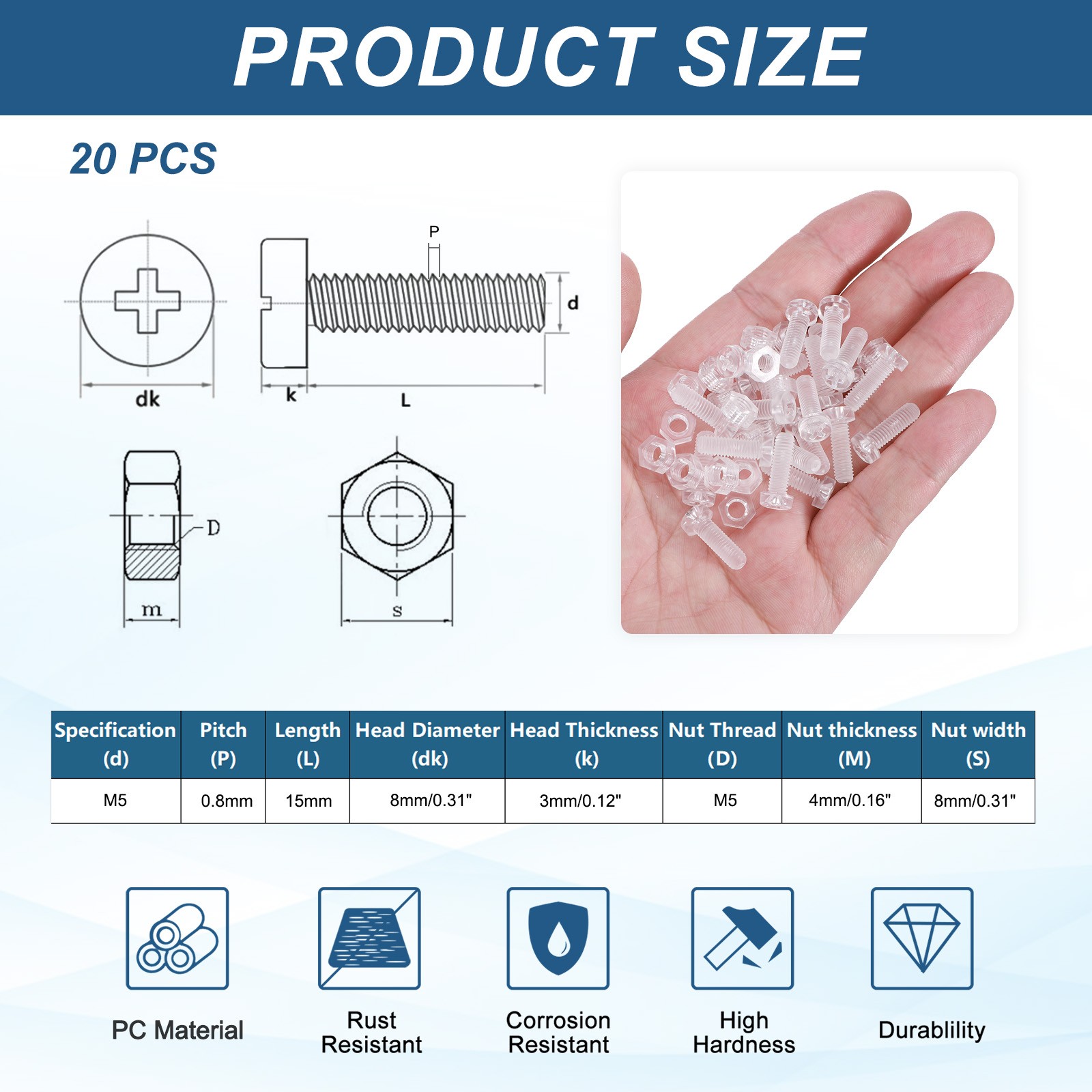 20 Set M5x15mm Clear Acrylic Phillips Round Head Screws with Hex Nuts Kit