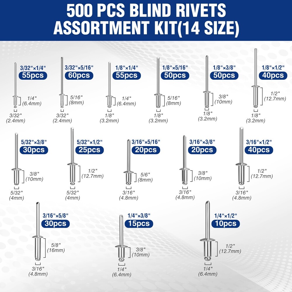 WORKPRO 500pc Aluminum Blind Rivets 14Size Pop Rivets Assortment Kit Case-Sliver