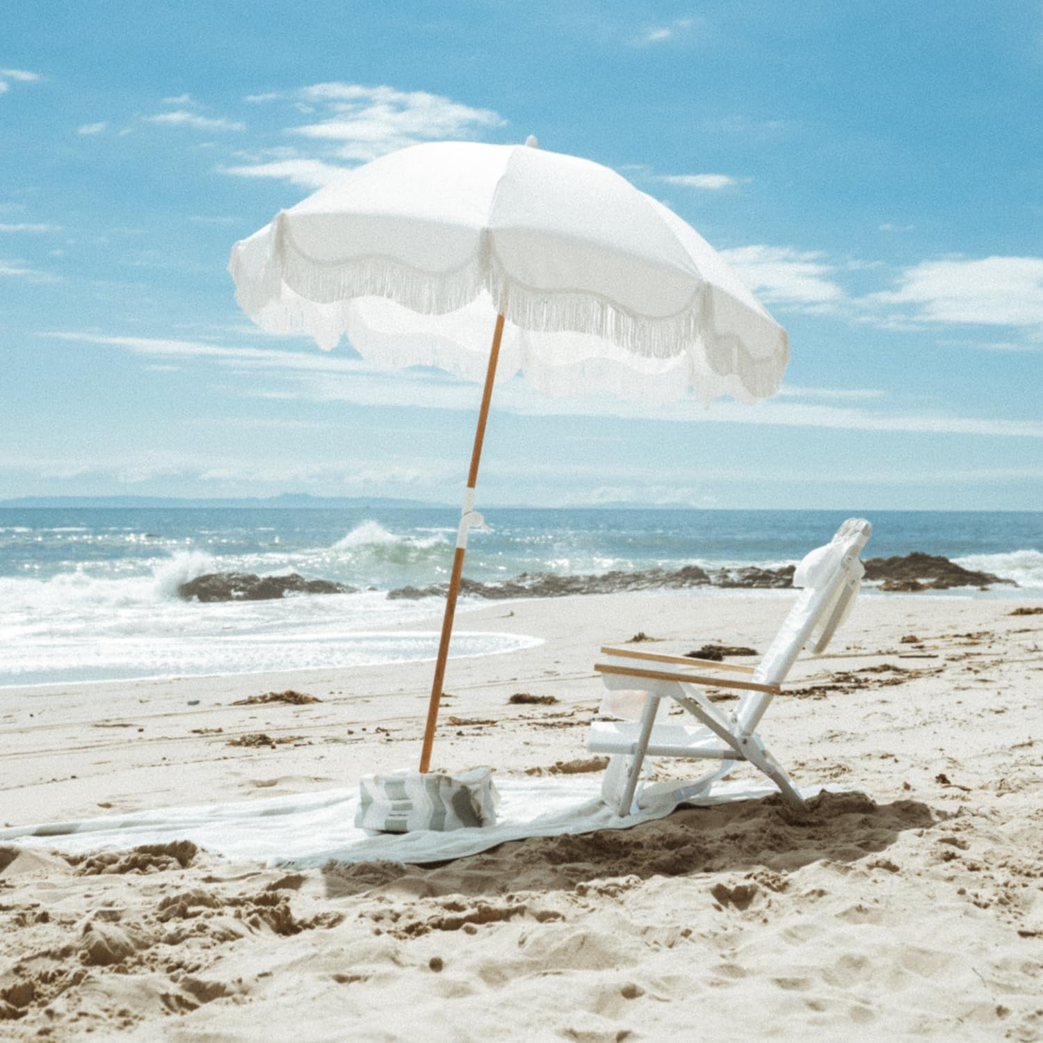 Holiday Umbrella – Boho Beach Umbrella with White Fringe, UPF 50+, 1″ Tilting Wo