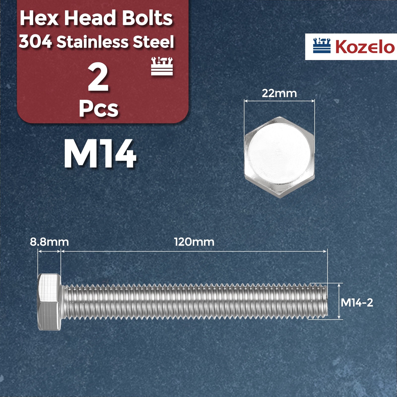 2 Pcs Hex Head Screws Bolts – [M14-2×120] 304 Stainless Steel, Silver Tone