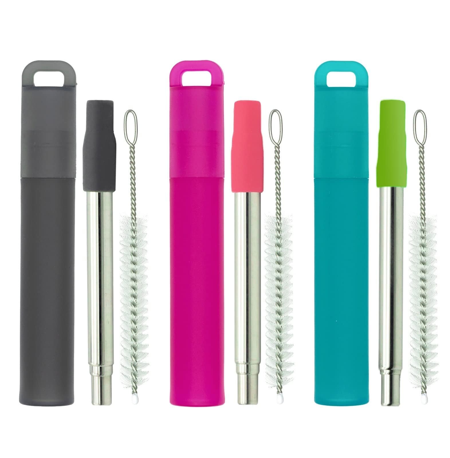 NAIVELY-Metal Reusable Straws 3 Pack Collapsible Small, Gray, red, blue