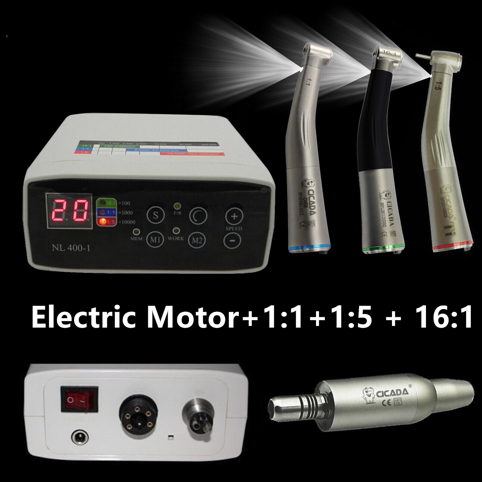 Dental Electric Motor + 1:1 + 1:5 + 16:1 LED Handpiece Contra Angle