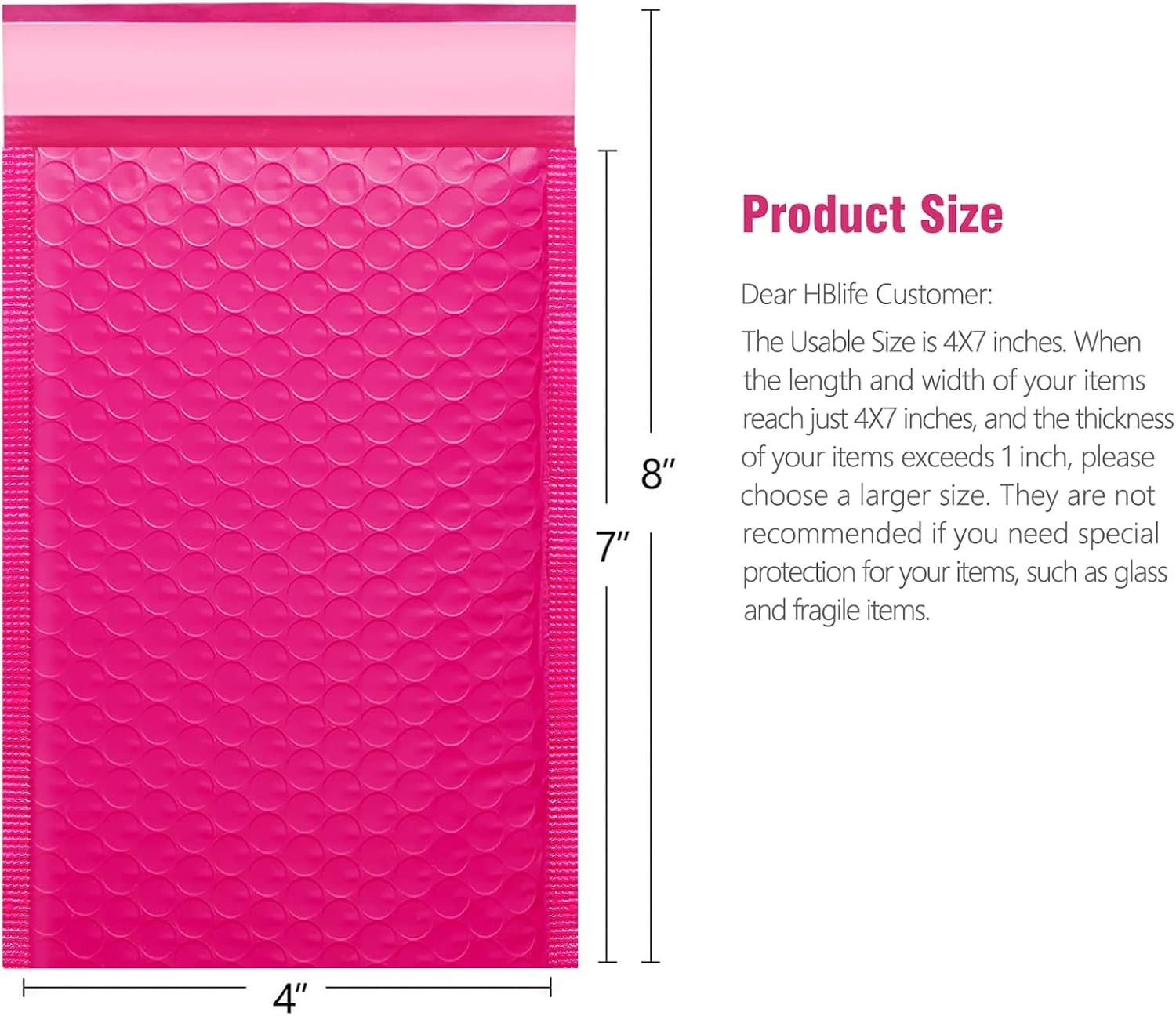 50Pcs Bubble Mailers 4×8 Inches Self Seal Hot Pink Poly Padded Envelopes