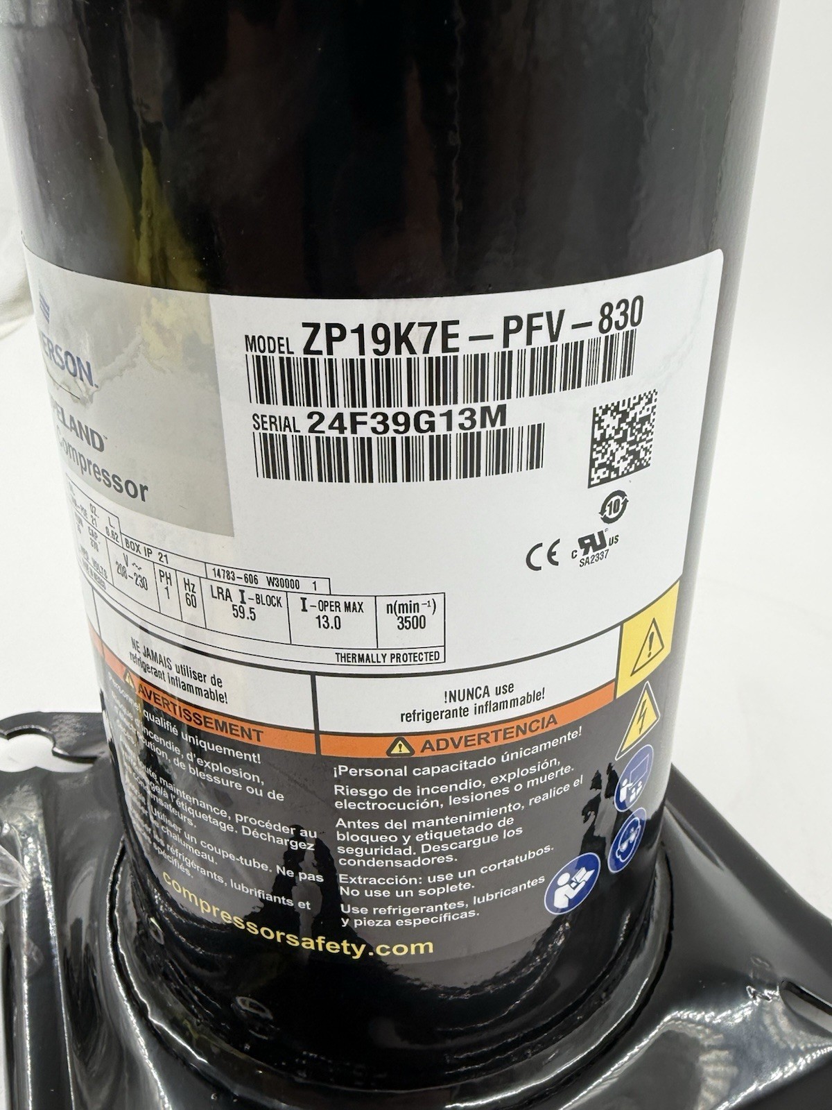 Emerson Copeland Compressor ZP19K7E-PFV-830/ ZP19K6E-PFV-130 19,000 BTU R410A