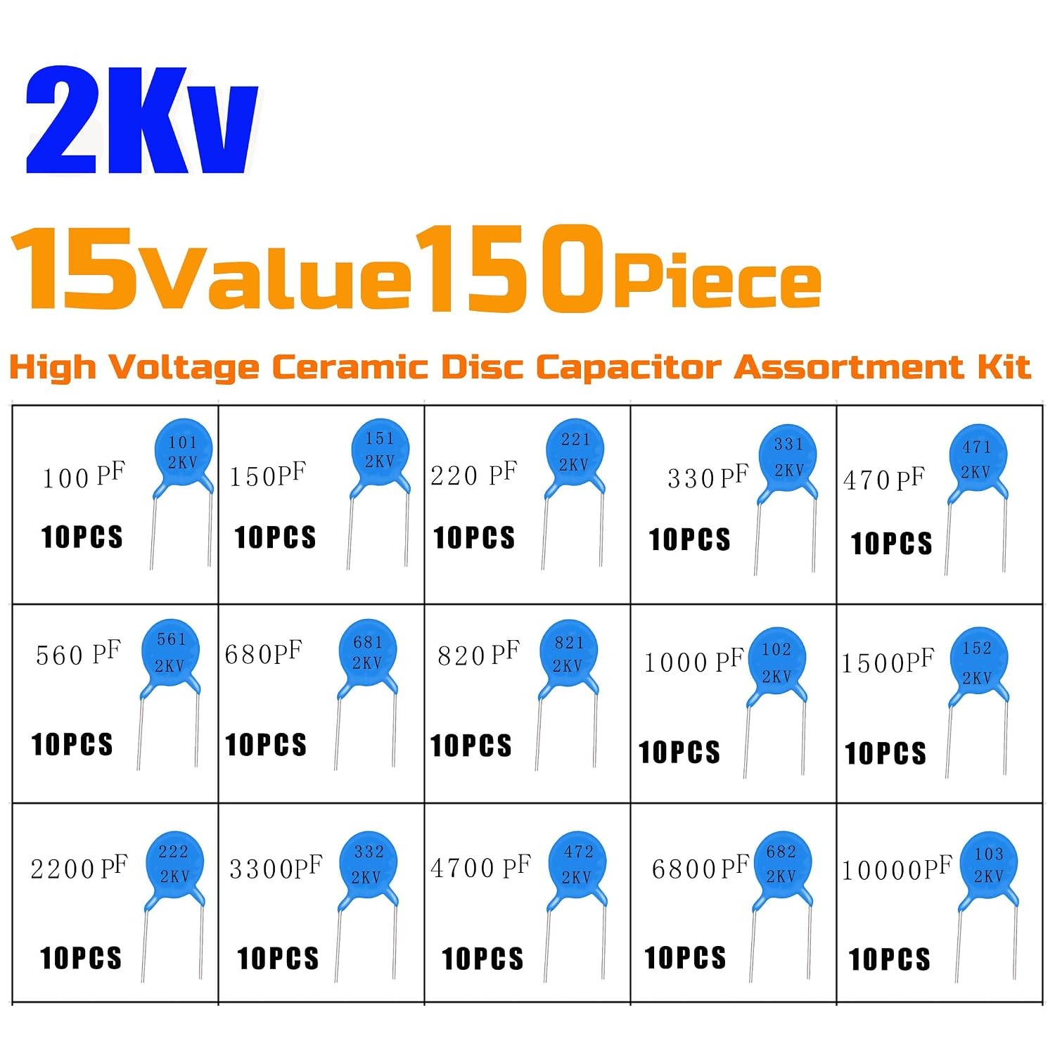 150 Pcs 15Values High Voltage Ceramic Disc Capacitor Assortment 2KV 0.1nF~22nF