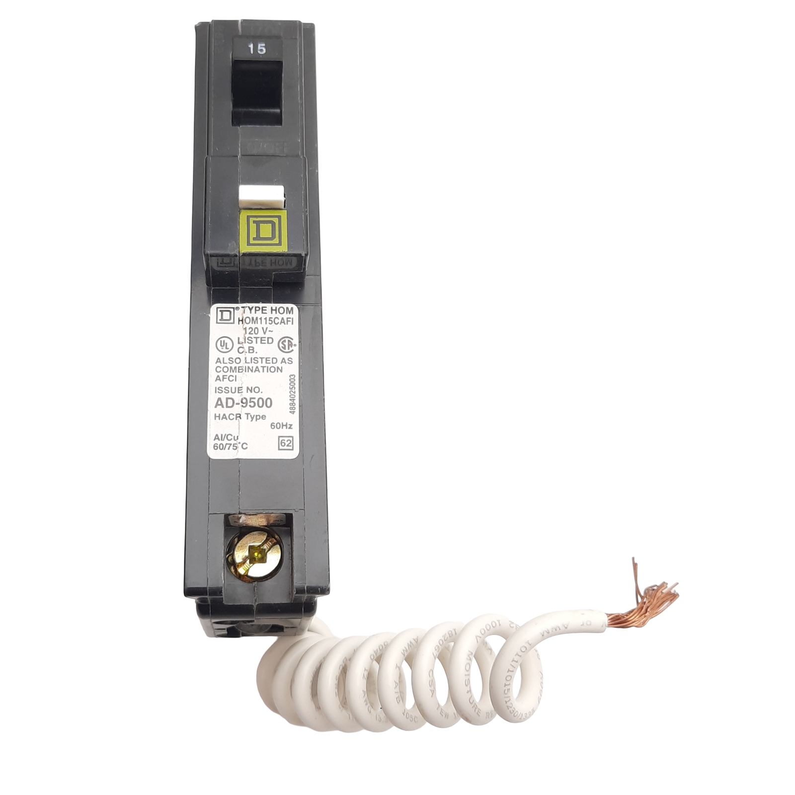 Square-D HOM115CAFI Mini Circuit Breaker, 1-Pole, 15A, 120VAC, Plug-On