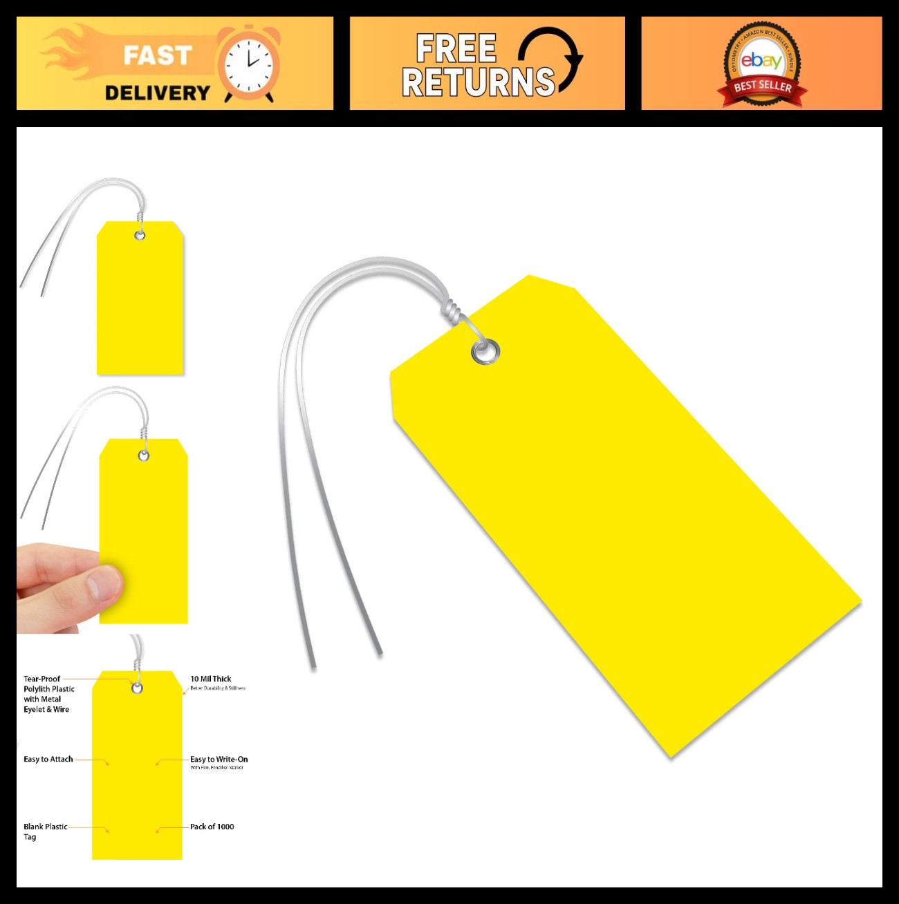 1000 Yellow Writable Plastic Tags with Wires – 4.75×2.375 inch, Tear-Proof, Meta