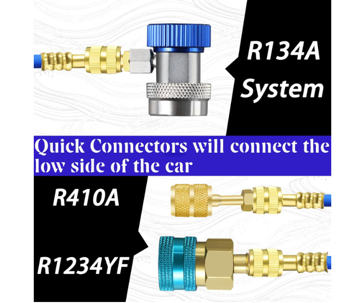 Kit inyector aceite A/C con acopladores R134A, R1234YF y adaptador R410A. Viene