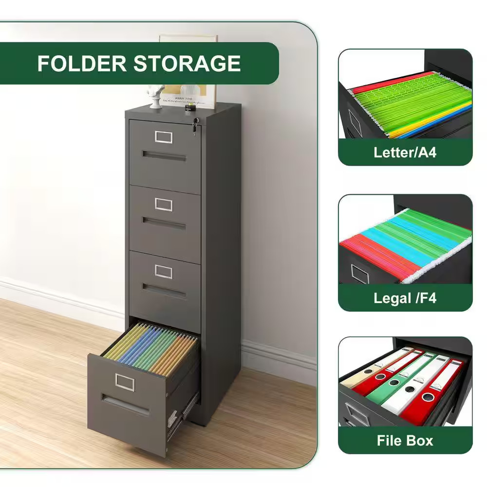17.72 In. W 4 Drawer Steel File Cabinet with Lock, Black Filing Cabinets, Modern