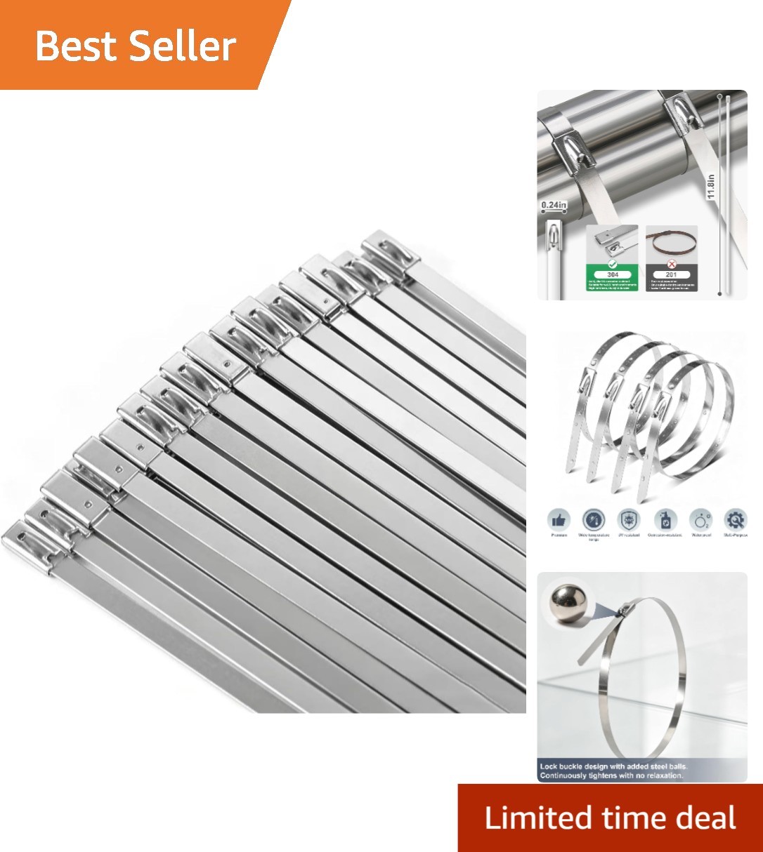 304 Stainless Steel Metal Zip Ties – 50PCS Heavy Duty Self-Locking 11.8 Inch