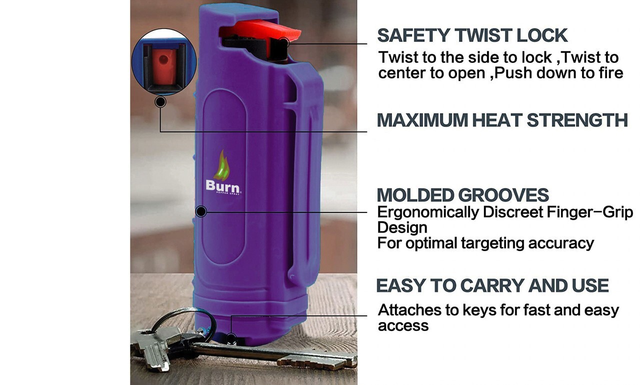 BURN Pepper Spray Maximum Strength Self Defense Security Keychain Black 2 Purple