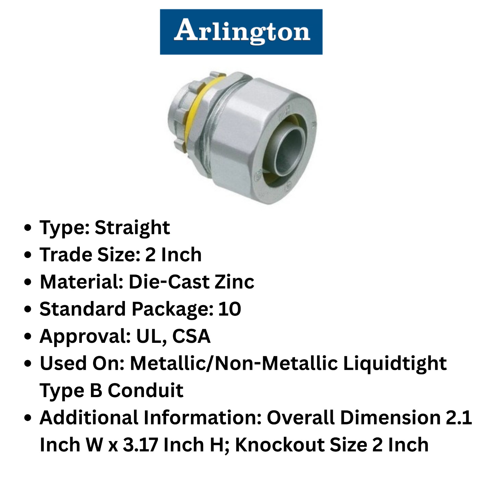 Arlington ARL-LT200 2″ Liquid tight Straight metallic Connector 10 pcs