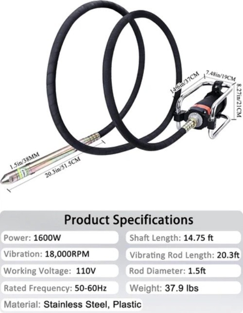 1600W 2HP Electric Concrete Vibrator 18000RPM 14.75Ft Flexible Shaft Handheld