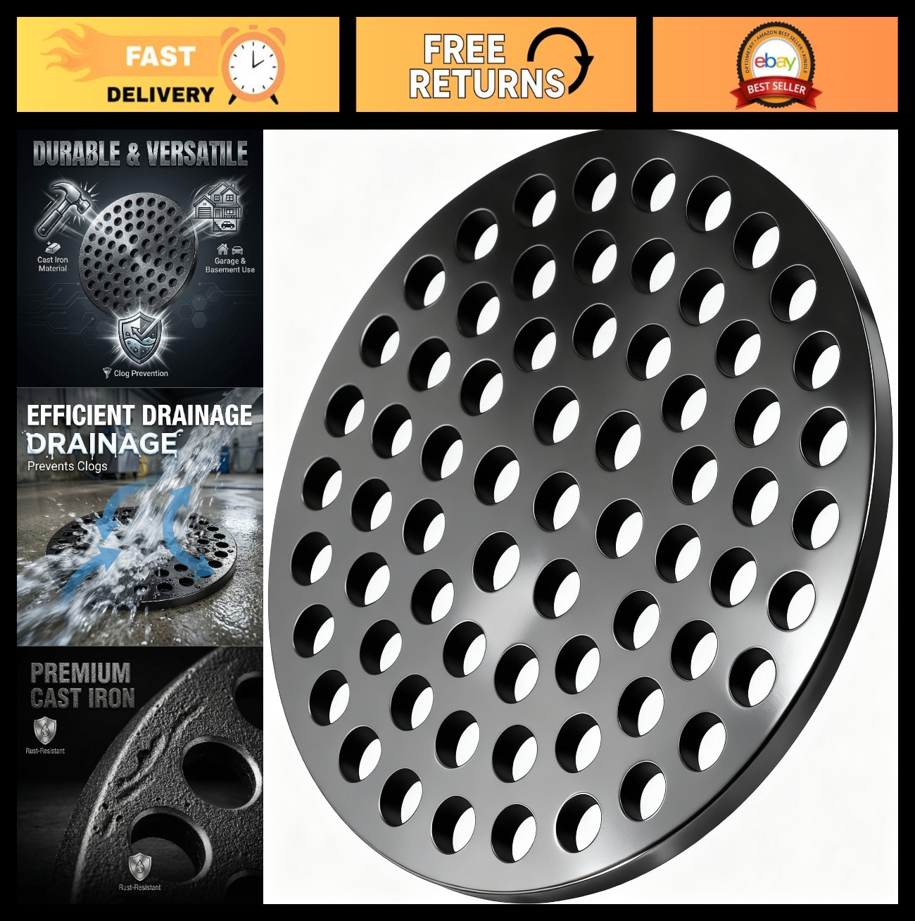 4.72″ Heavy-Duty Cast Iron Drain Cover – Floor Strainer for Garage & Basement
