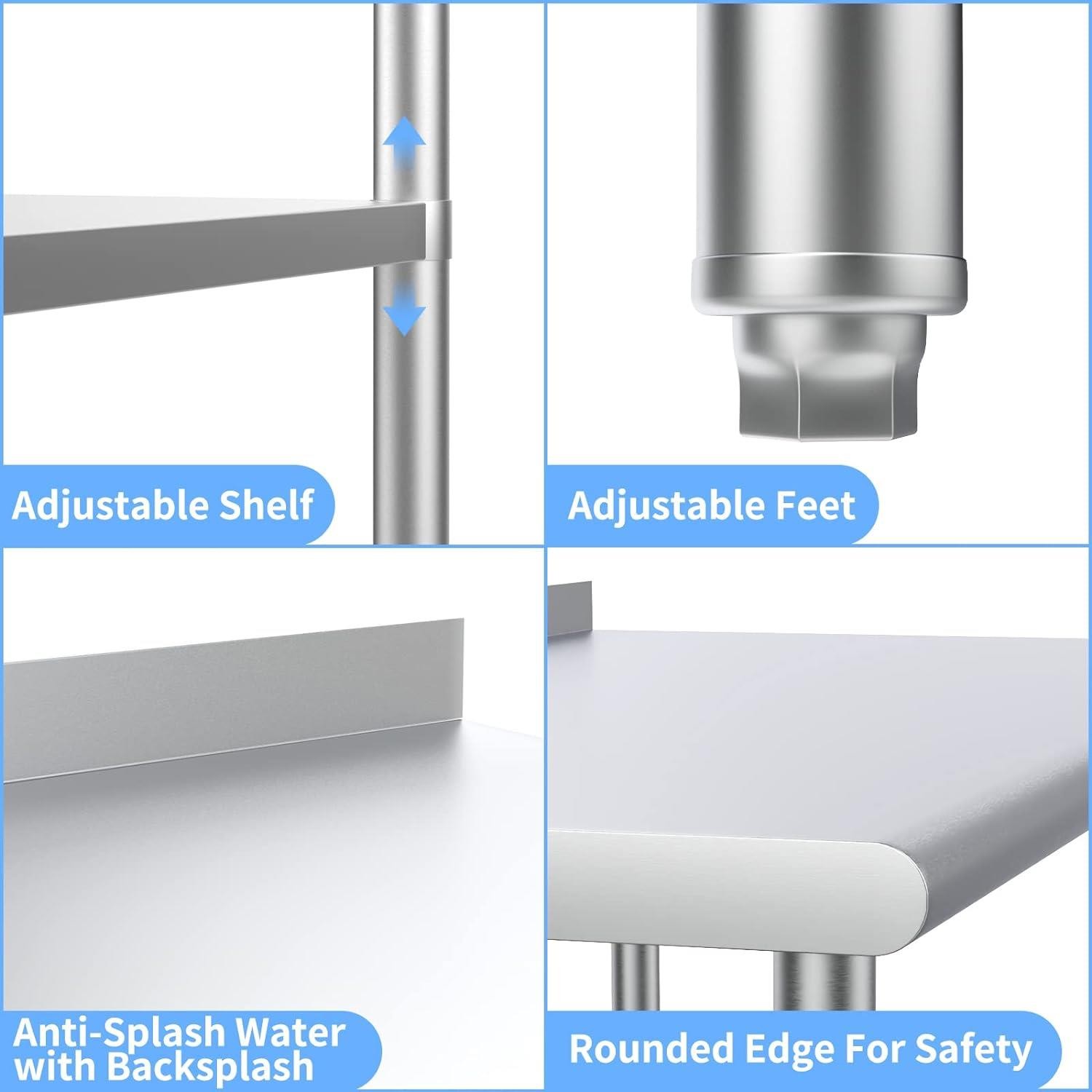60» x 24» Stainless Steel Table for Prep & Work with Backsplash for Kitchen
