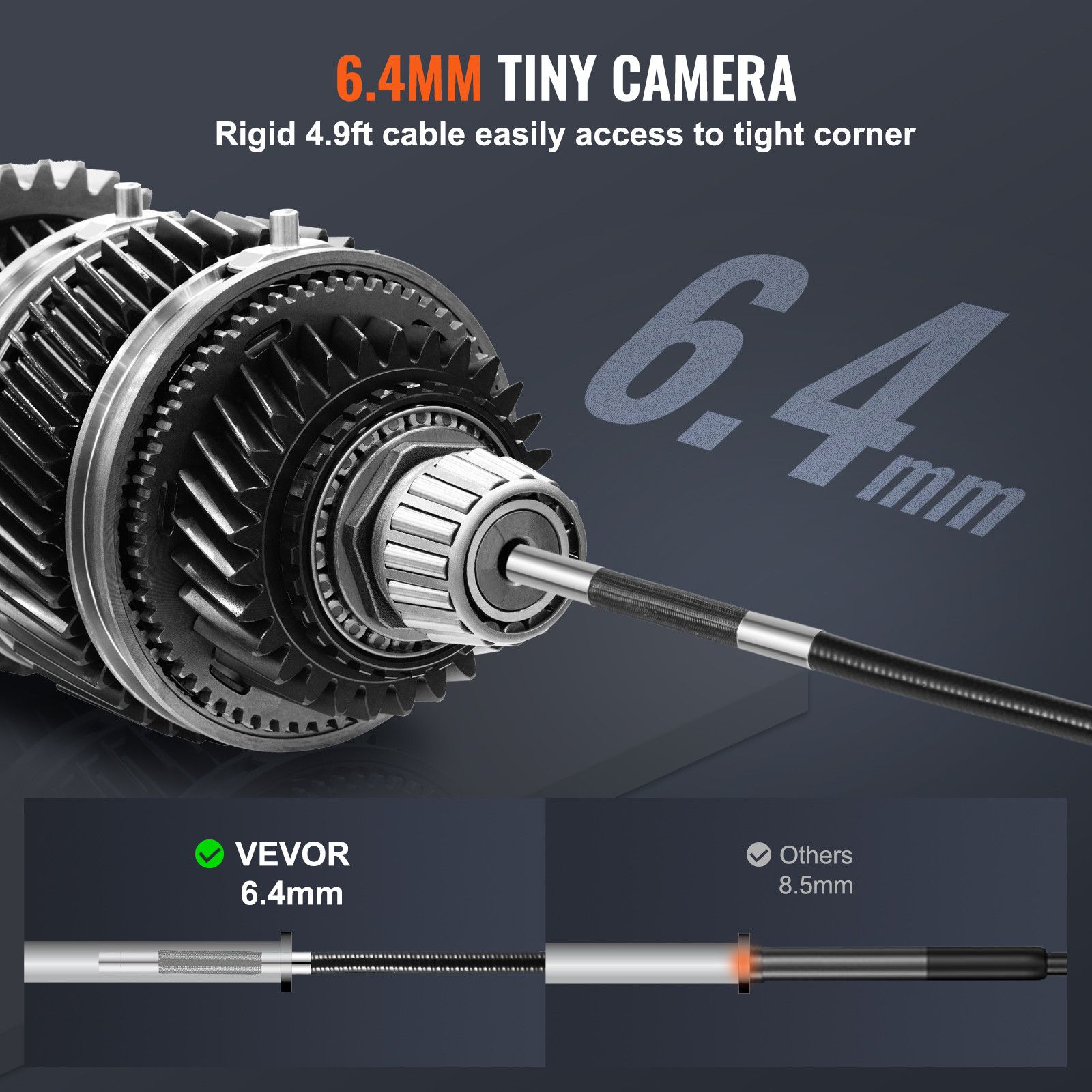 VEVOR Borescope Endoscope Two-Way 180° Articulating 5″ IPS 8X Zoom 6.4mm Lens