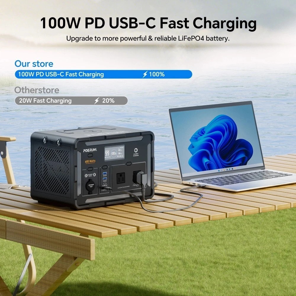 POERUNI 600W 519Wh Portable Power Station Solar Charger Generator for Back Up
