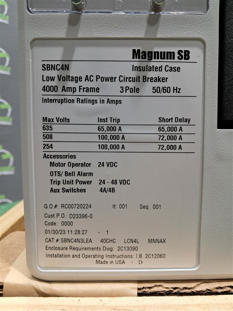 4000A EATON SBNC4N Magnum SB Circuit Breaker 635V SBNC4N3LEA 40CHC LCN4L MNNAX