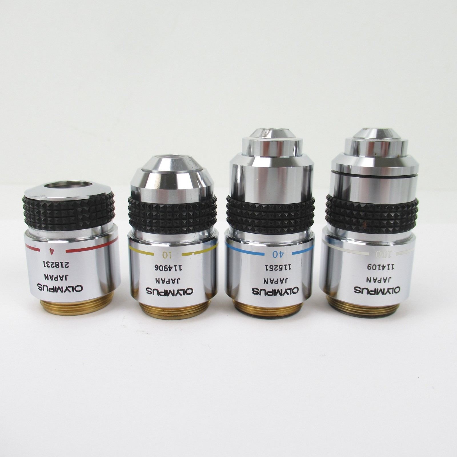 OLYMPUS SPLAN 4, 10, 40 & 100 MICROSCOPE OBJECTIVE SET – 4X, 10X, 40X & 100X