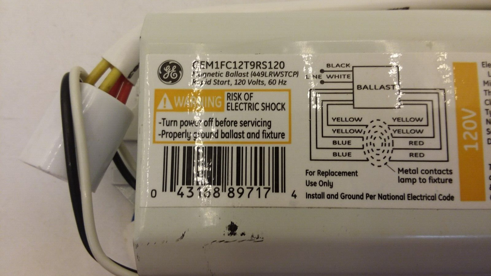 GENERAL ELECTRIC GEM1FC12T9RS120 MAGNETIC BALLAST RAPID START 120VOLTS 60HZ NNB