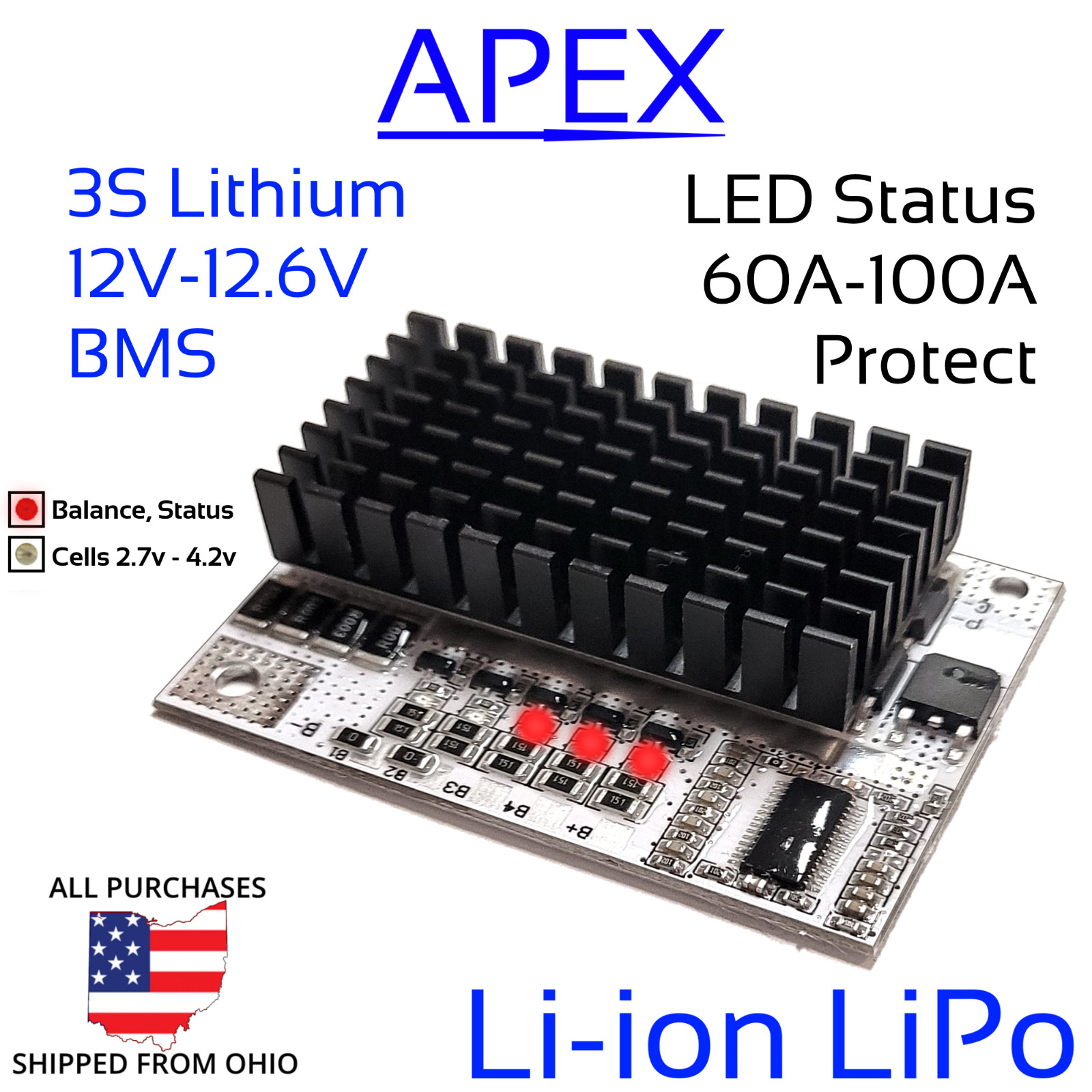 3S 100A 12.6v BMS LED Heatsink Li-ion Lithium Battery Balance