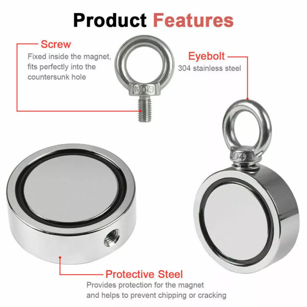 2000 LBS Strong Fishing Magnet Kit Double-Sided Pull Force and Rope Carabiner US