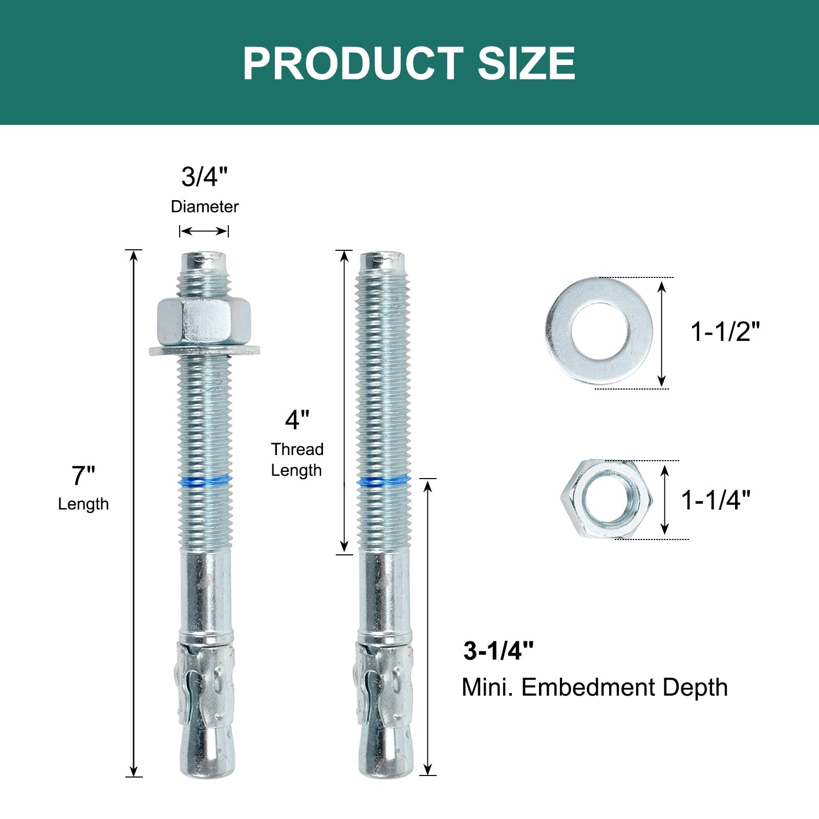 3/4″ x 7″ Concrete Anchors (10 Pack) 3/4 inch Wedge Anchors Bolts Zinc Plated