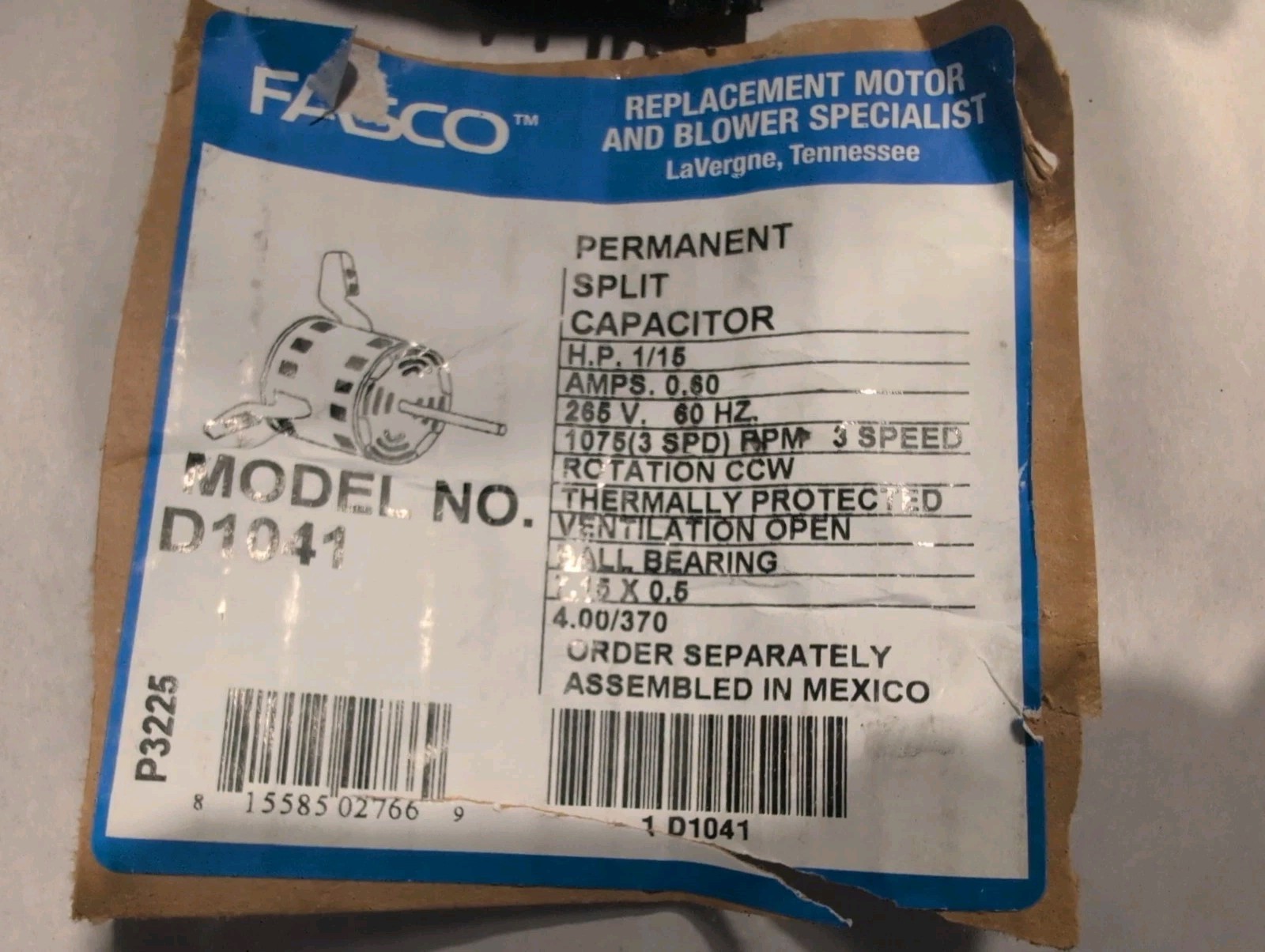 FASCO D1041 Motor 1/15 HP 1075 rpm 3 Speed 7.15×0.5 Shaft **READ**