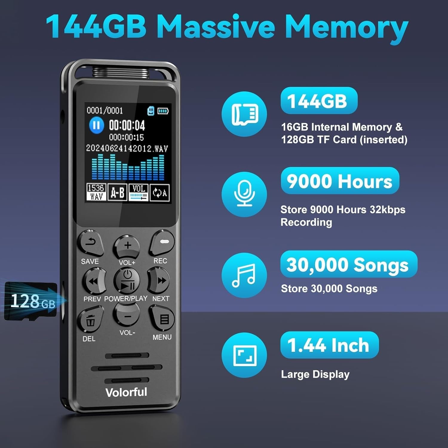 144GB Digital Voice Recorder with Playback, 1536Kbps Audio Recorder Voice Record