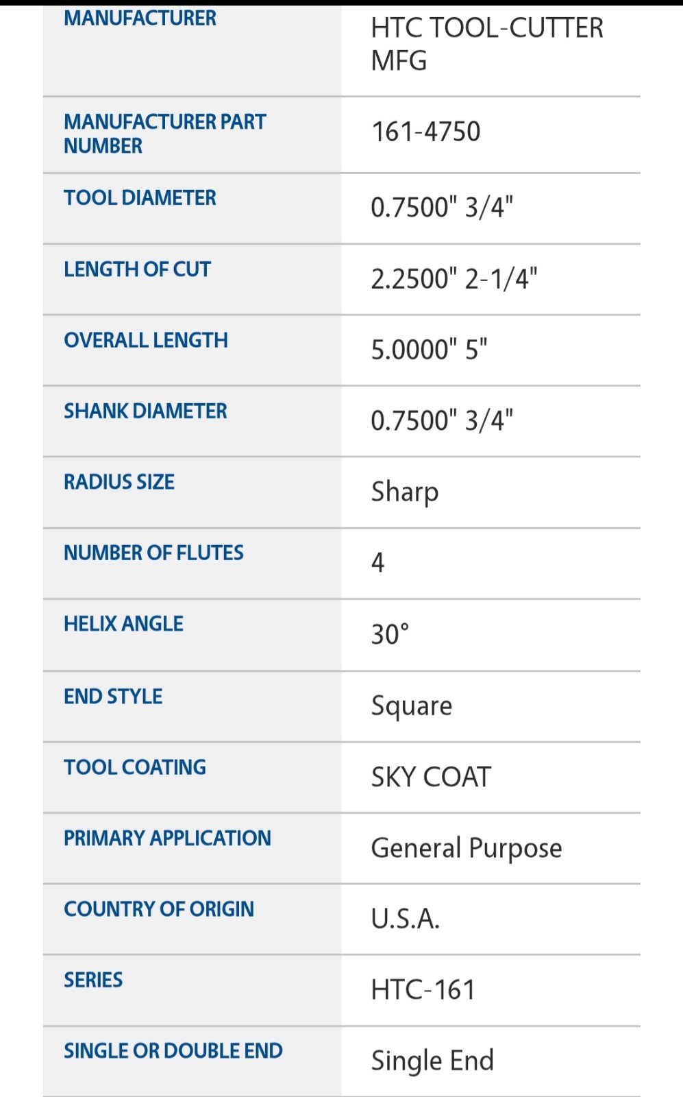 HTC 161-4750 3/4-inch, 4-flute, SKY coating, Carbide End Mill