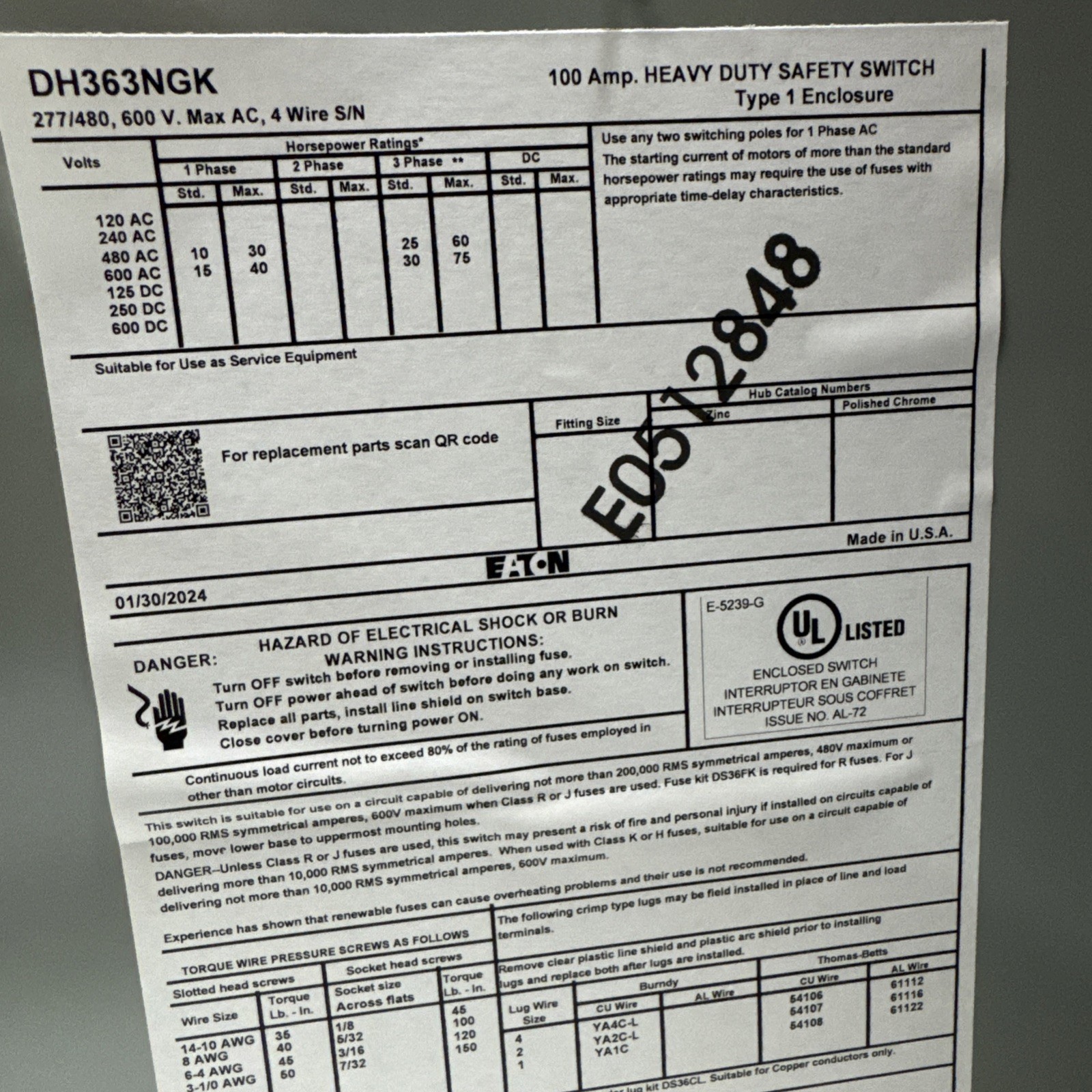 Eaton DH363NGK Fusible Heavy Duty Safety Switch 100A 3P 4W 3PH 600V Type 1