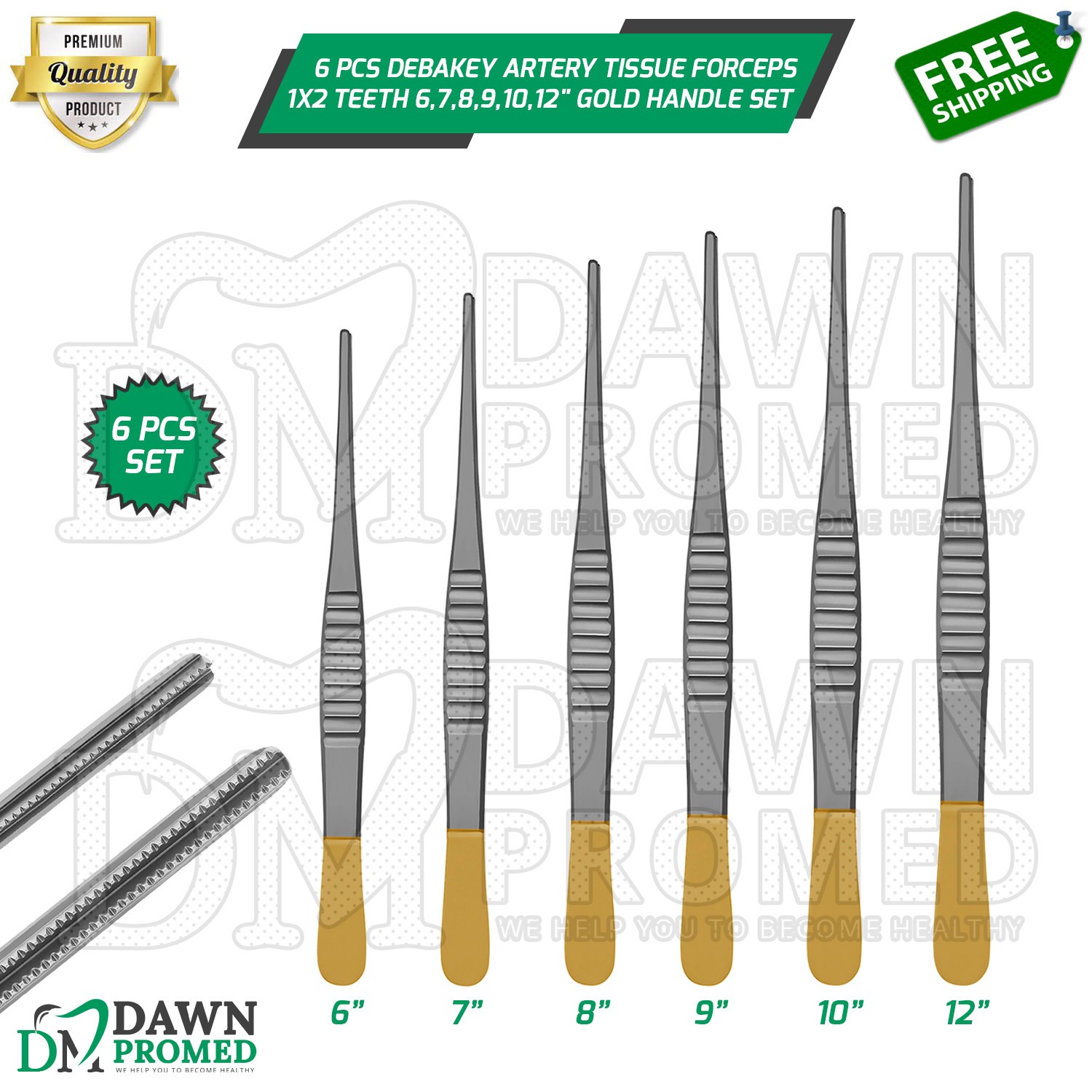 6 Pcs Debakey Artery Tissue Forceps 1×2 Teeth 6,7,8,9,10,12″ Gold Handle Set
