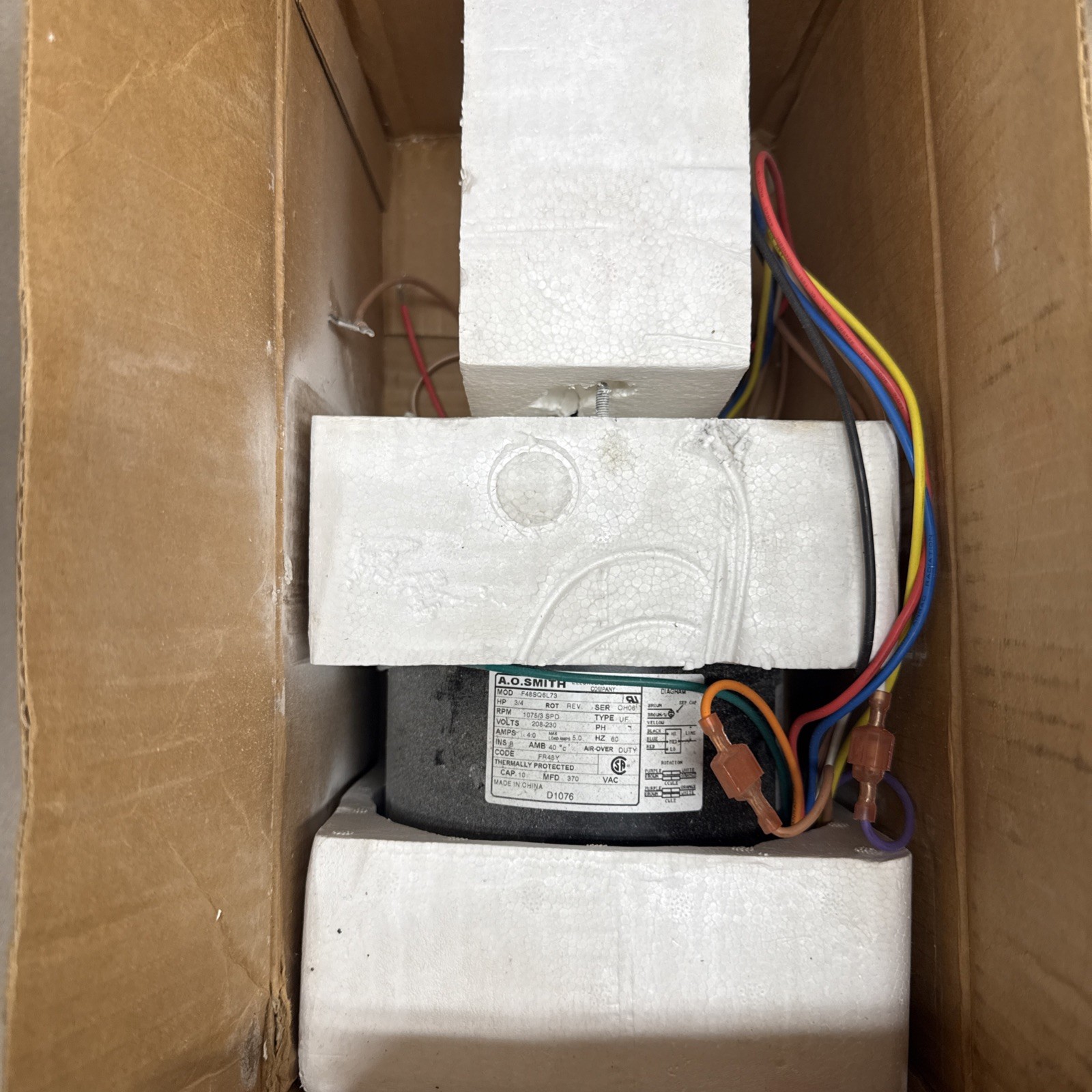 A.O. Smith D1076 3/4 HP, 1075 RPM, 3 Speed, 208-230 Volts4.0-5.0 Amps, 48 Frame,