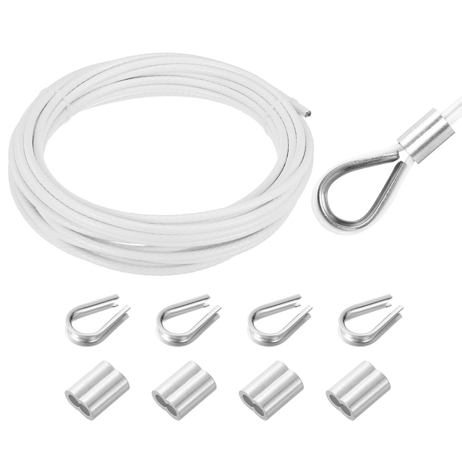 33Ft(10M) Wire Rope Stainless Steel Cable 1/4″ 4pcs Sleeves & Thimble White