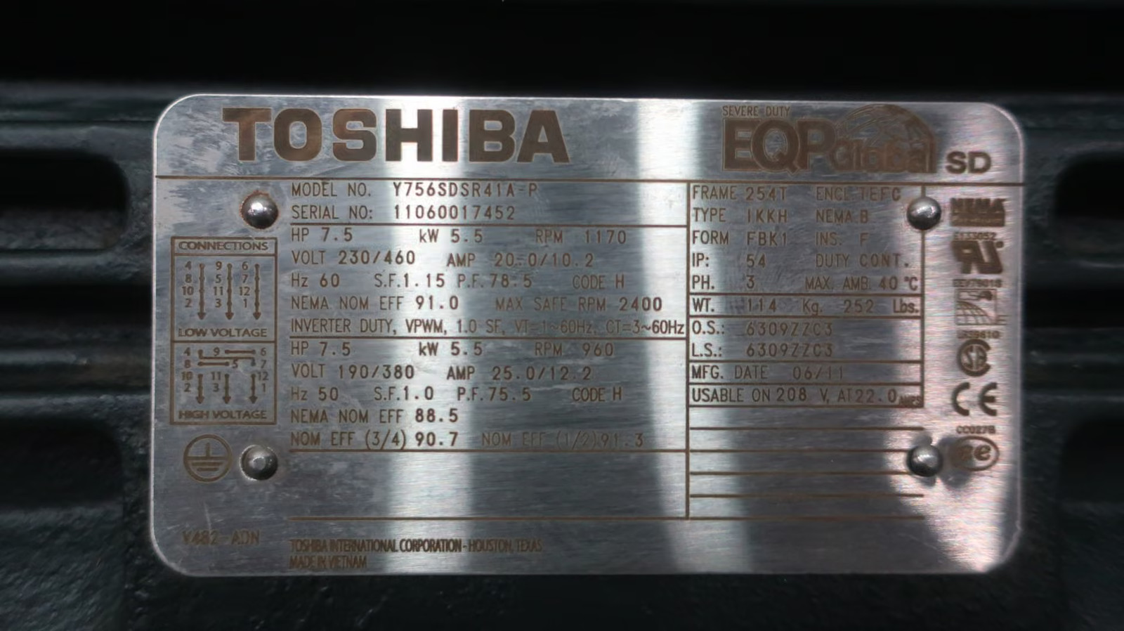 Toshiba Y756SDSR41A-P Ac Motor 254t 7.5hp 1170rpm 1.625in 230v-ac 460v-ac 3ph