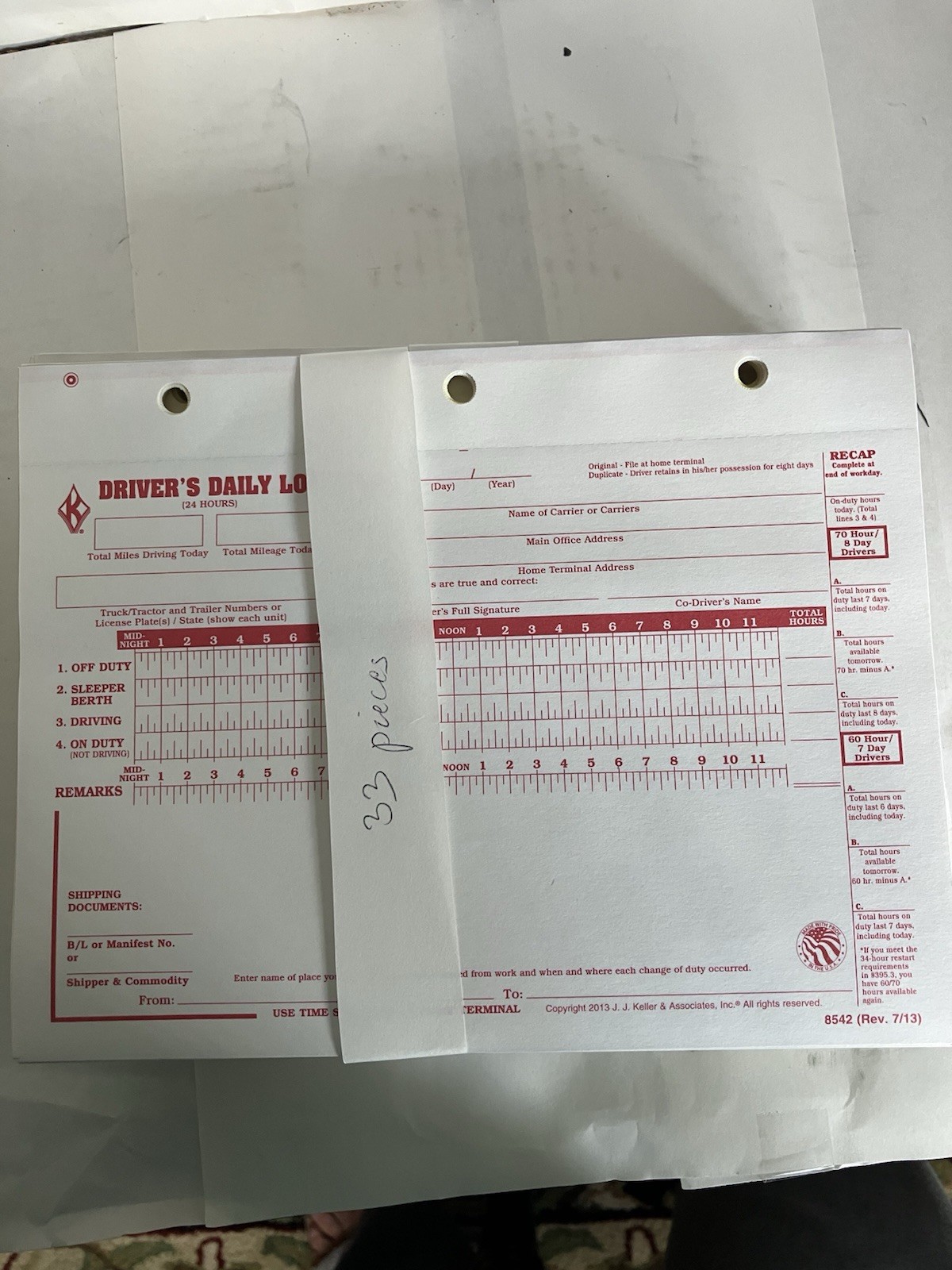 J J Keller Loose Leaf Driver’s Daily Log Sheet with DVIR & carbon, 10 packs