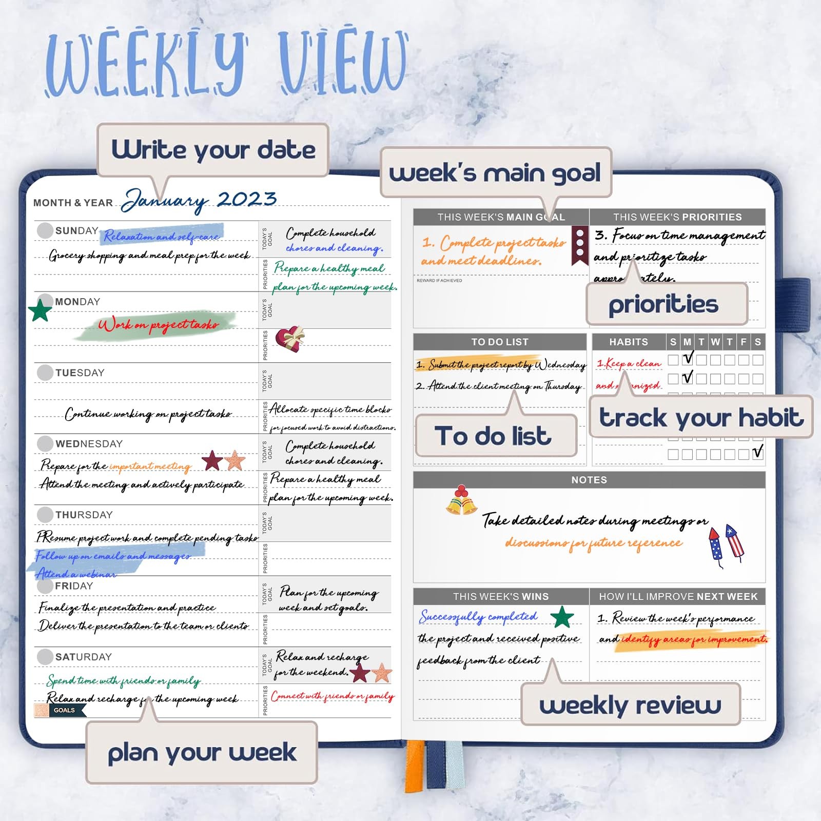 Planner for 2026-2027, Undated Weekly A5-Weekly Planner, Dark Blue