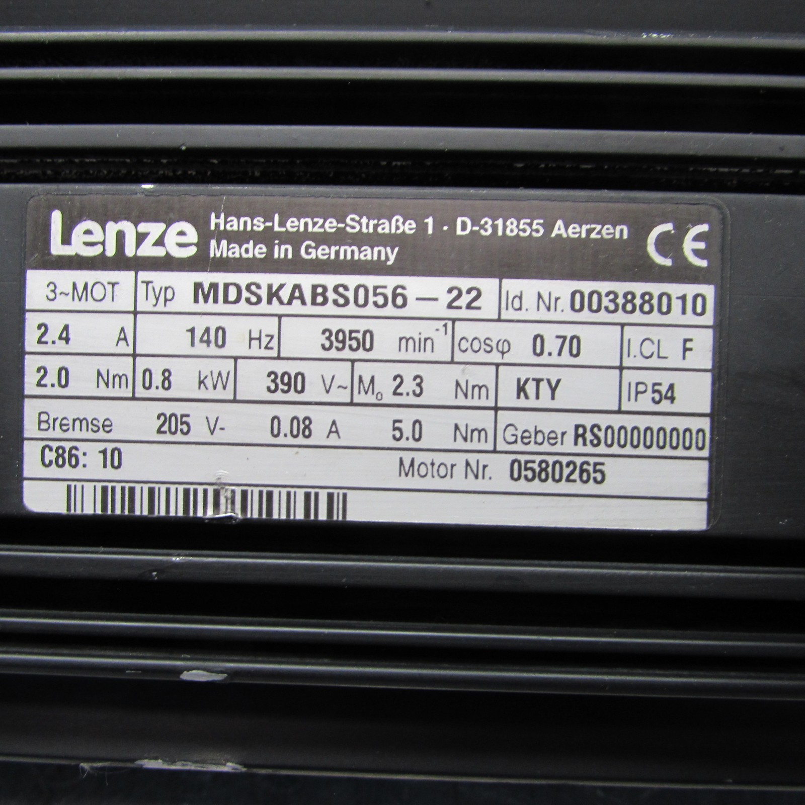 Lenze MDSKABS056-22 , Servo Motor, 0.8kW/ 390V /3950rpm, TAKEOUT!MAKE OFFER!
