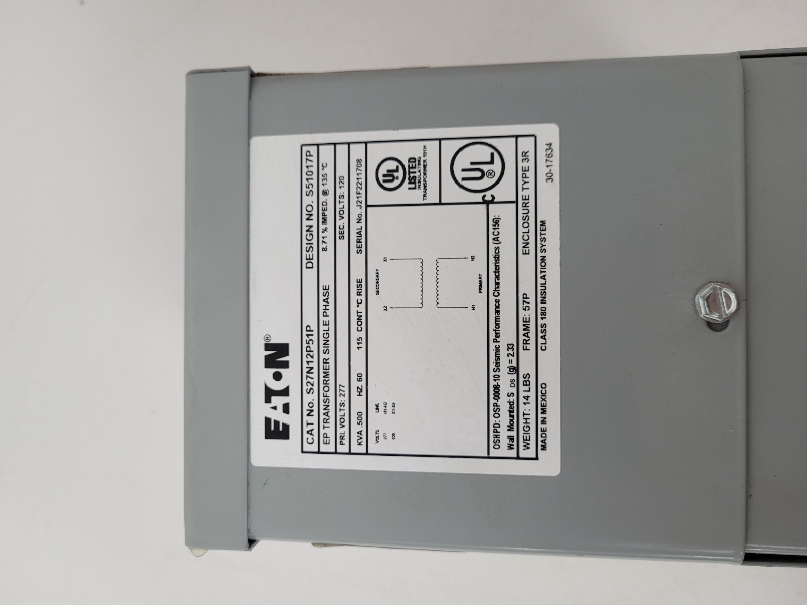 S27N12P51P Eaton EP Transformer Single Phase 277V – Next Day Option