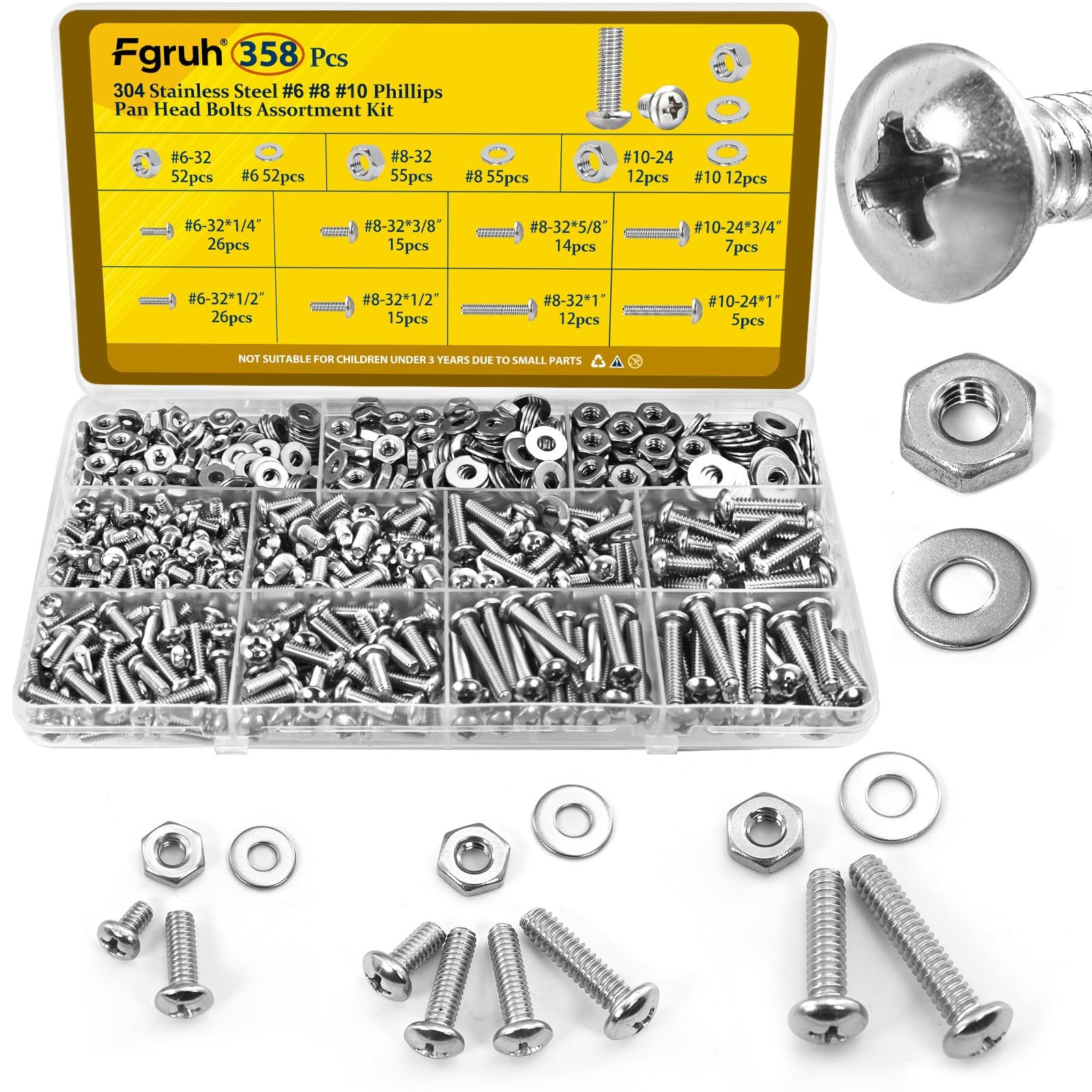 358PCS Machine Screws and Nuts Assortment Kit, #6-32#8-32#10-24 Phillips Pan