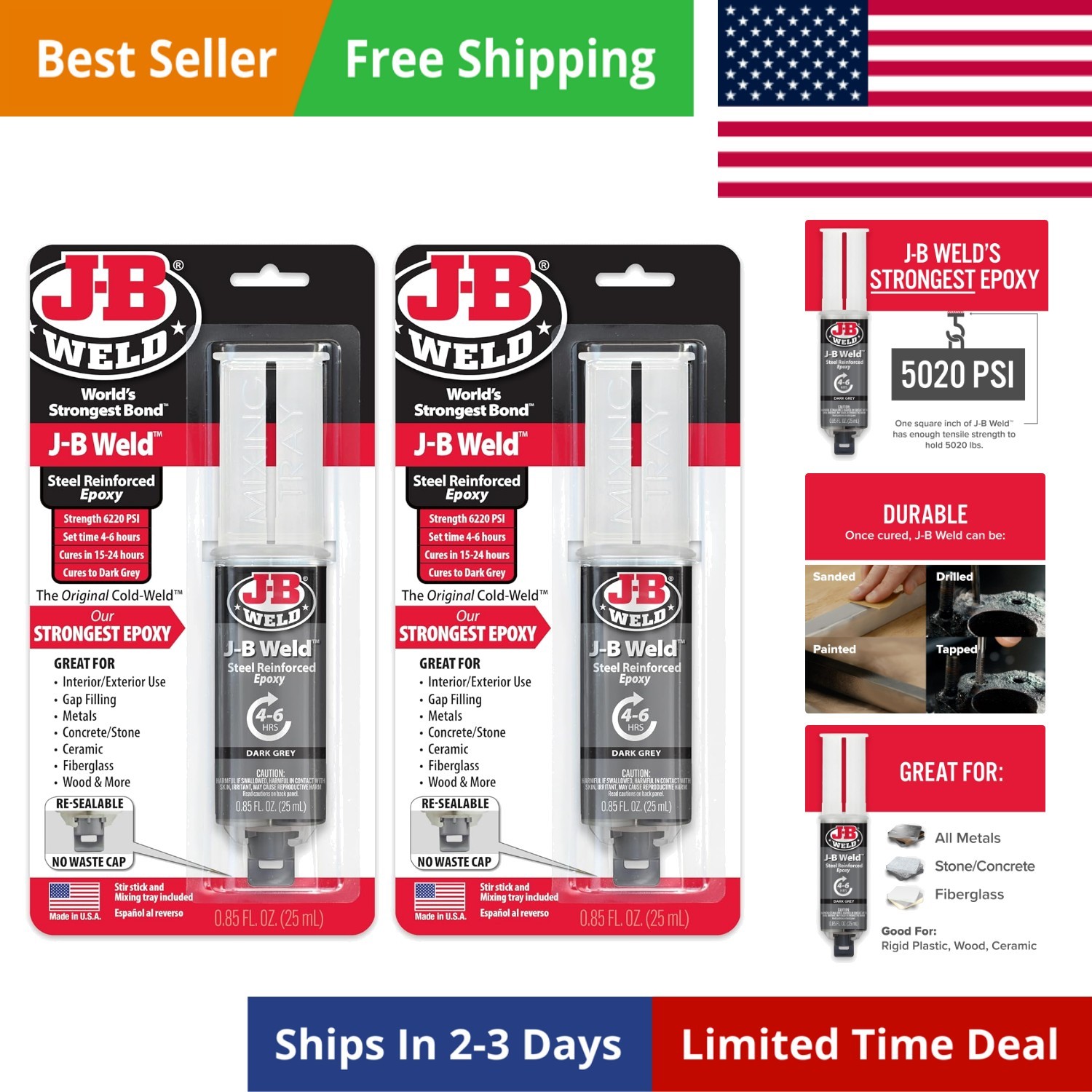 Steel Reinforced Epoxy Syringe, High Strength, 2 Pack, Dark Grey,