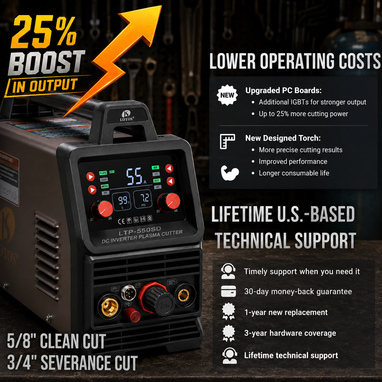 Lotos LTP5000D 50Amp Pilot Arc Plasma Cutter, Brown, 110V/220V 1/2″ Cleaning Cut