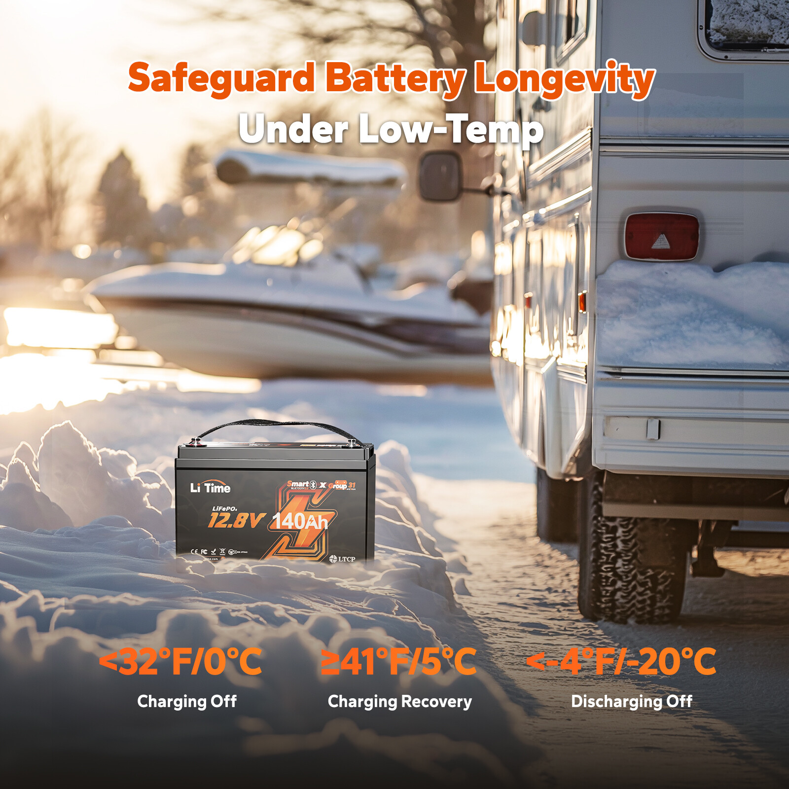 LiTime 12V 140Ah Bluetooth Low Temp LiFePO4 Lithium Battery 1920W For RV Marine