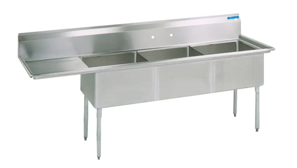 BK Resources 3 Compartment 15x15x14 Sink w/ (1) 15″ Left Drainboard
